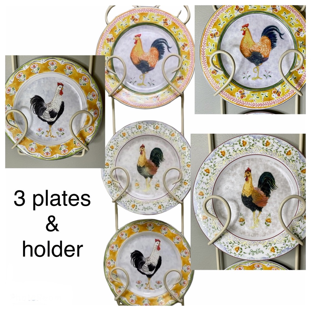 American Atelier Rooster Plates,Holder. Porcelain